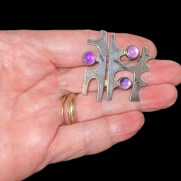 Modernist Sterling Silver Amethyst Brooch | Abstract Geometric Design | Handmade - Picture 6 of 10